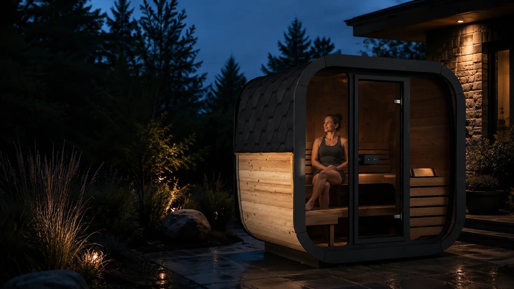 AI visualization of an adult seated in a SaunaLife CL5G sauna in a home garden